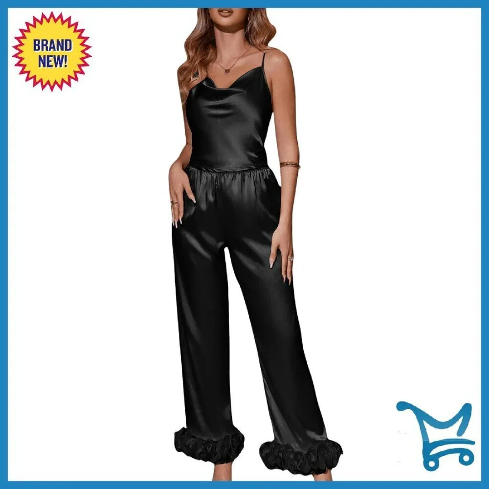 Satin Silk Pajama Set 2-Piece Ruffle Cami Top & Pants Sleepwear
